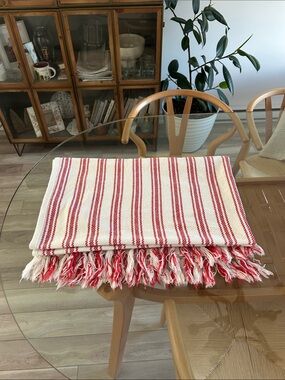100% Cotton Red and White Striped Fringe Throw Blanket - Made in India